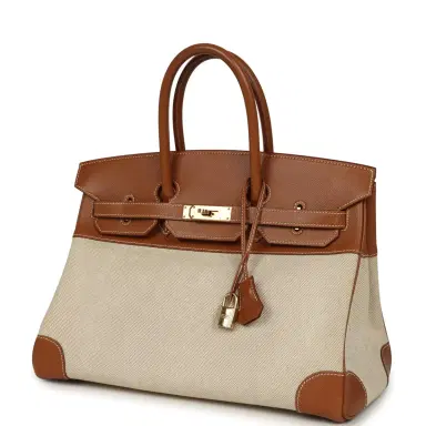 HERMÈS Vintage Hermes Birkin 35 Gold Courchevel and Gold-Ecru Toile H Canvas Gold Hardware | Thumbnail 5 HERMÈS Vintage Hermes Birkin 35 Gold Courchevel and Gold-Ecru Toile H Canvas Gold Hardware | Thumbnail 5