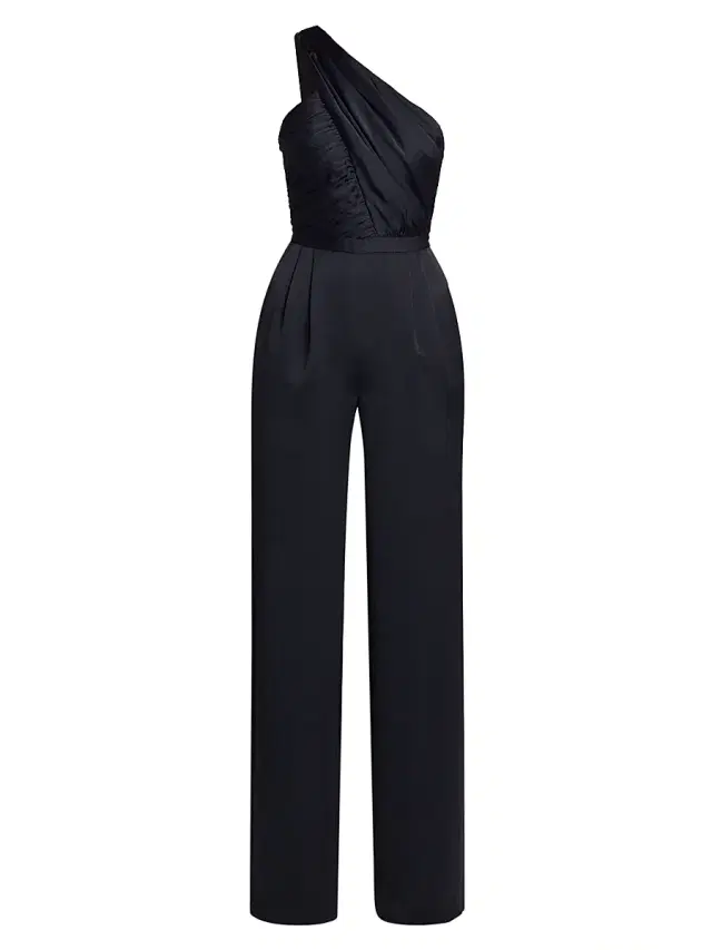 Ramy Brook Women's Myra Asymmetric Pleated Satin Jumpsuit - Black