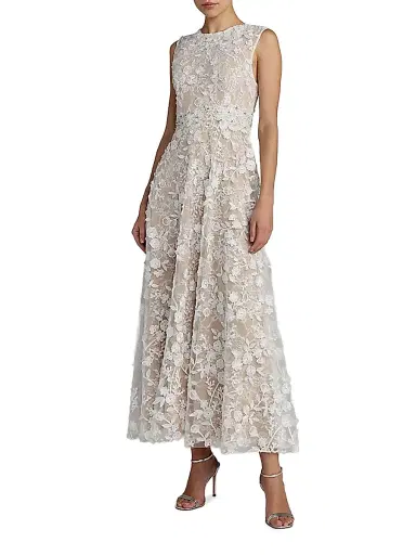 Mac Duggal Women's Floral Embroidered Round-Neck Midi-Dress - Ivory Beige - Size 14 | Thumbnail 1