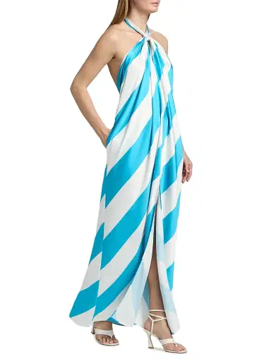 Ronny Kobo Women's Chantell Striped Satin Halterneck Maxi Dress - Turquoise | Thumbnail 2