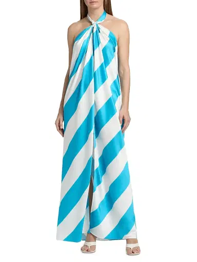 Ronny Kobo Women's Chantell Striped Satin Halterneck Maxi Dress - Turquoise | Thumbnail 3