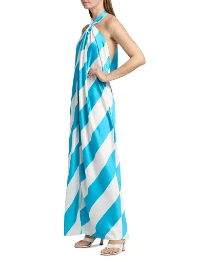 Ronny Kobo Women's Chantell Striped Satin Halterneck Maxi Dress - Turquoise | Thumbnail 4