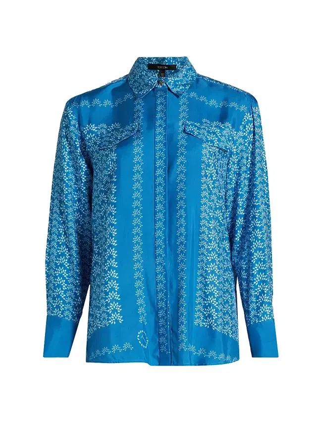 Toccin Women's Annika Floral Satin Button-Front Shirt - Azure Scarf Print