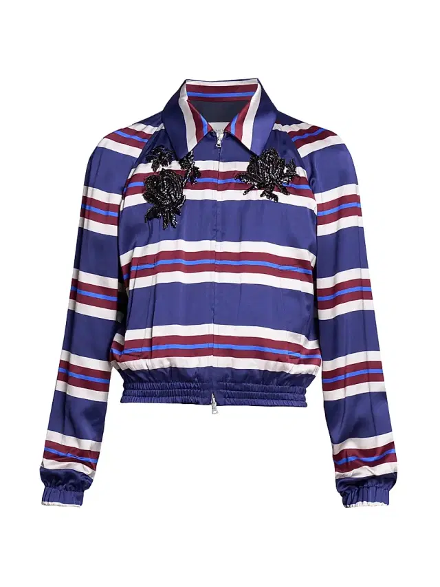 Dries Van Noten Men's Embellished Striped Satin Jacket - Navy