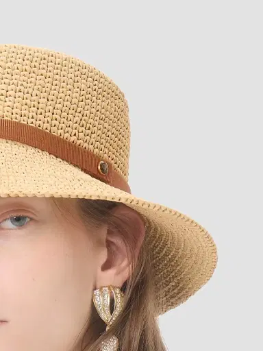 Valentino Garavani Women's VLogo Signature Foldable Straw Bucket Hat - Natural Saddle Brown - Size Large | Thumbnail 5