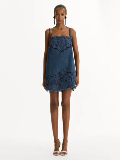 Oscar de la Renta Porcelain Flower Cutout Denim Dress | Thumbnail 2