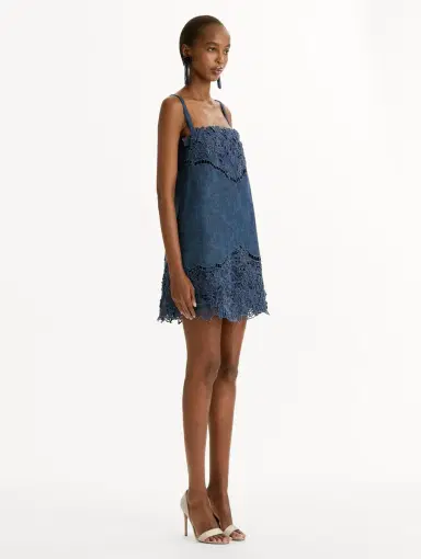 Oscar de la Renta Porcelain Flower Cutout Denim Dress | Thumbnail 4