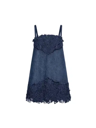 Oscar de la Renta Porcelain Flower Cutout Denim Dress | Thumbnail 1