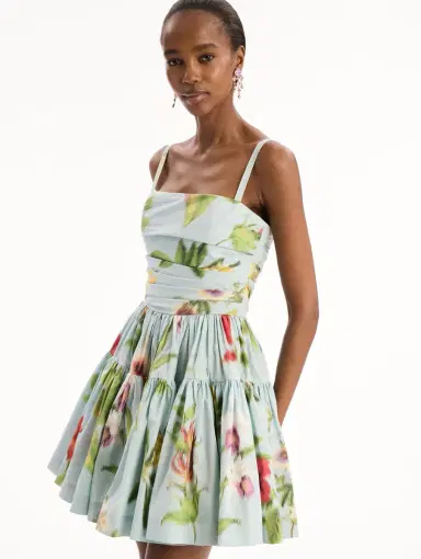 Oscar de la Renta Chiné Dominican Mixed-Floral Cotton Poplin Tiered Dress | Thumbnail 4