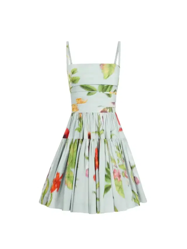 Oscar de la Renta Chiné Dominican Mixed-Floral Cotton Poplin Tiered Dress