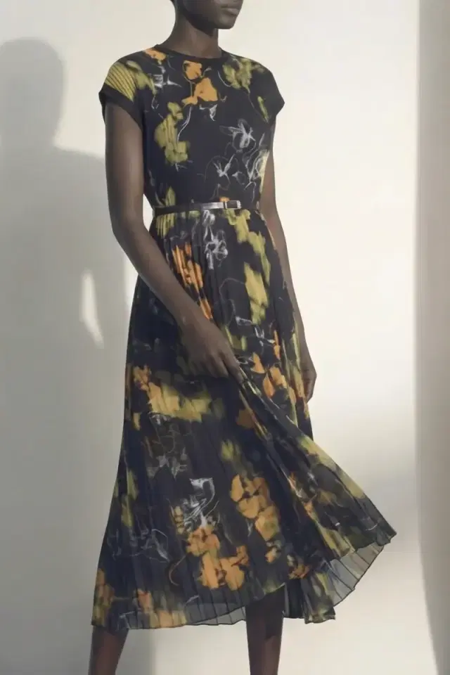 Jason Wu Collection SHADOW FLORAL CREPE CHIFFON PLEATED MIDI DRESS