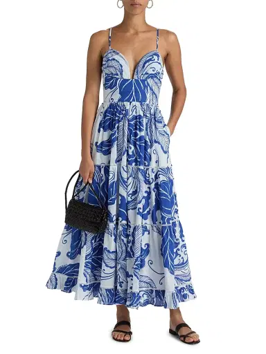 Poupette St Barth Women's Milena Tiered Coral-Print Cotton Midi-Dress - Blue Reef Wave | Thumbnail 3 Poupette St Barth Women's Milena Tiered Coral-Print Cotton Midi-Dress - Blue Reef Wave | Thumbnail 3