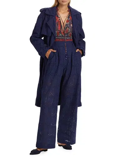 Farm Rio Women's Eyelet Cotton Double-Breasted Trench Coat - Navy Blue | Thumbnail 2