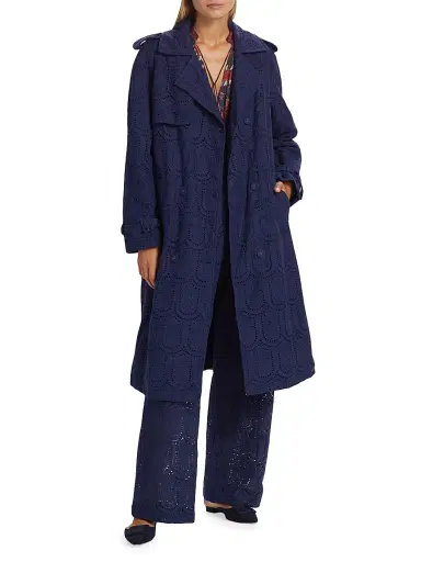 Farm Rio Women's Eyelet Cotton Double-Breasted Trench Coat - Navy Blue | Thumbnail 3