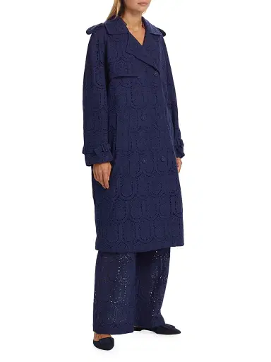Farm Rio Women's Eyelet Cotton Double-Breasted Trench Coat - Navy Blue | Thumbnail 4
