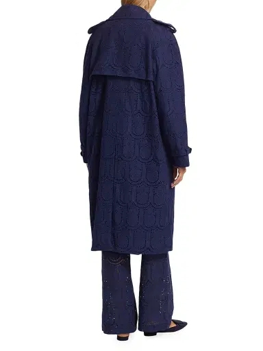 Farm Rio Women's Eyelet Cotton Double-Breasted Trench Coat - Navy Blue | Thumbnail 5