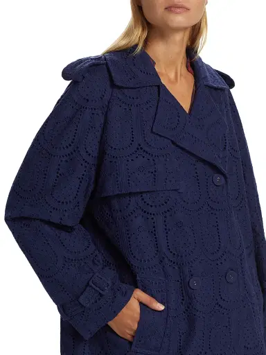 Farm Rio Women's Eyelet Cotton Double-Breasted Trench Coat - Navy Blue | Thumbnail 6
