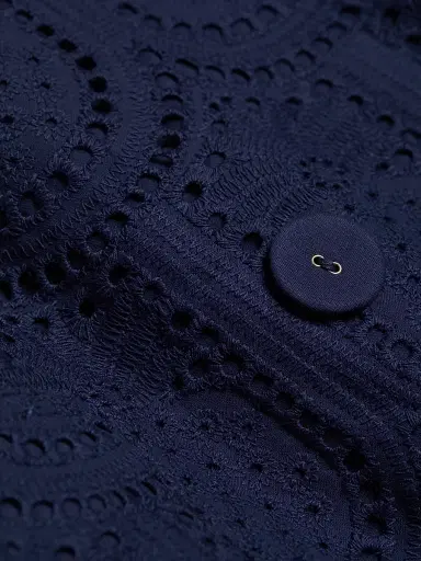 Farm Rio Women's Eyelet Cotton Double-Breasted Trench Coat - Navy Blue | Thumbnail 7