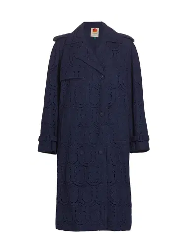 Farm Rio Women's Eyelet Cotton Double-Breasted Trench Coat - Navy Blue | Thumbnail 1