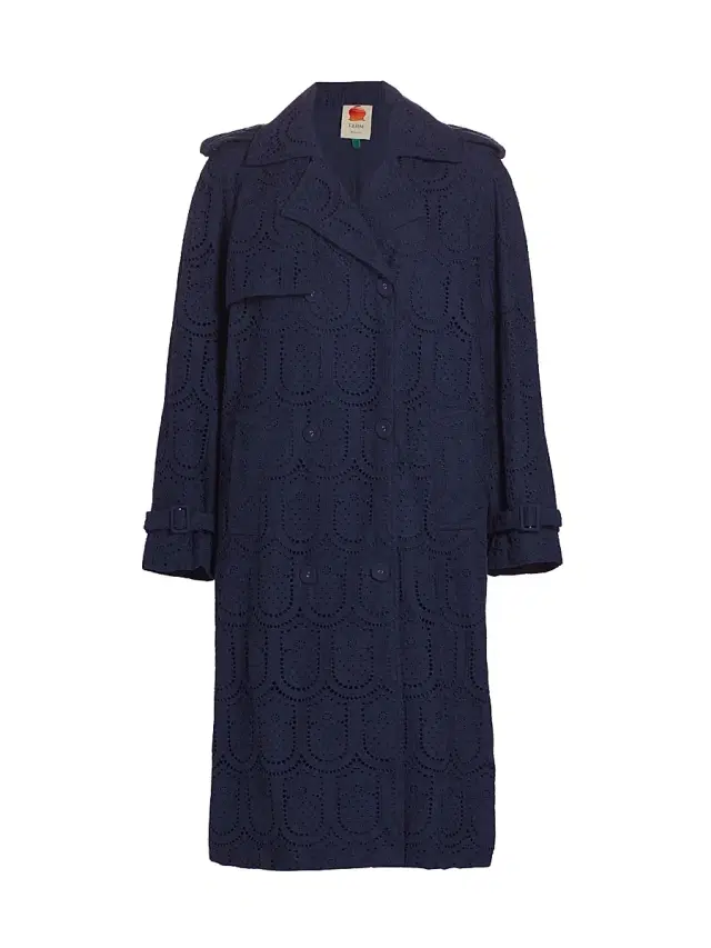 Farm Rio Women's Eyelet Cotton Double-Breasted Trench Coat - Navy Blue