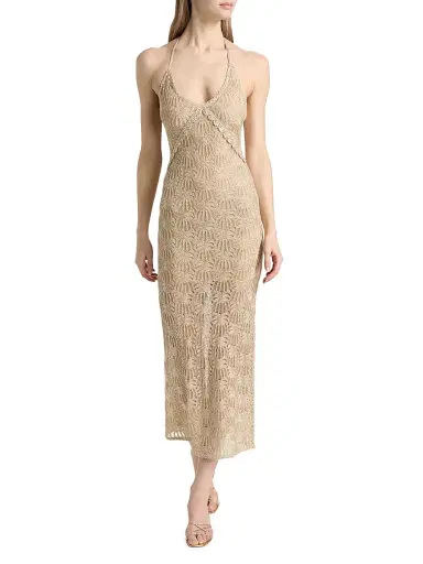 LoveShackFancy Women's Vreya Metallic Halterneck Knitted Midi-Dress - Glimmering Sand - Size XL | Thumbnail 2