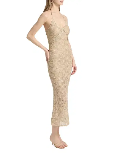 LoveShackFancy Women's Vreya Metallic Halterneck Knitted Midi-Dress - Glimmering Sand - Size XL | Thumbnail 3