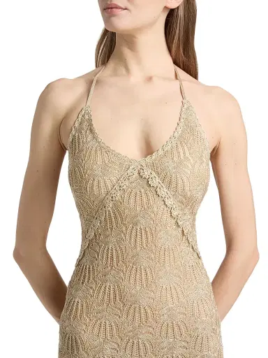 LoveShackFancy Women's Vreya Metallic Halterneck Knitted Midi-Dress - Glimmering Sand - Size XL | Thumbnail 6