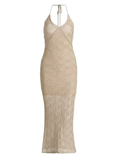 LoveShackFancy Women's Vreya Metallic Halterneck Knitted Midi-Dress - Glimmering Sand - Size XL | Thumbnail 1