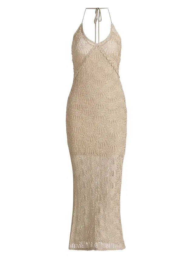 LoveShackFancy Women's Vreya Metallic Halterneck Knitted Midi-Dress - Glimmering Sand