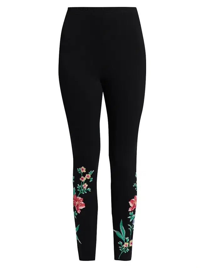 Johnny Was Women's Celiora Embroidered Cotton-Blend Leggings - Black