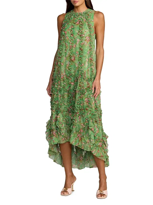 Mac Duggal Women's Cocktail Floral Ruffled Sleeveless High-Low Gown - Sage Multi