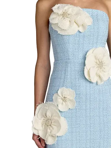 Mac Duggal Women's Floral Appliqué Bouclé Strapless Midi-Dress - Powder Blue Multi - Size 14 | Thumbnail 3 Mac Duggal Women's Floral Appliqué Bouclé Strapless Midi-Dress - Powder Blue Multi - Size 14 | Thumbnail 3