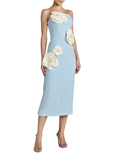 Mac Duggal Women's Floral Appliqué Bouclé Strapless Midi-Dress - Powder Blue Multi - Size 14 | Thumbnail 1 Mac Duggal Women's Floral Appliqué Bouclé Strapless Midi-Dress - Powder Blue Multi - Size 14 | Thumbnail 1