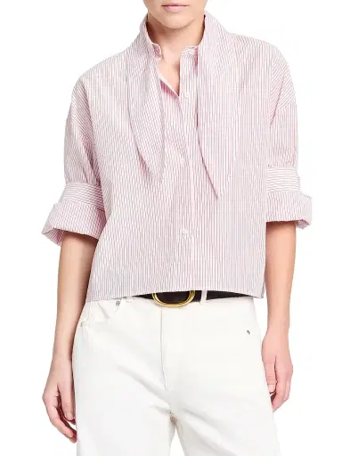 TWP Women's Tie One On Striped Cotton Top - White Red - Size Medium | Thumbnail 2