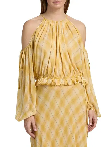 Ronny Kobo Women's Kiera Shadow Plaid Cold-Shoulder Top - Yellow Plaid - Size Medium | Thumbnail 3