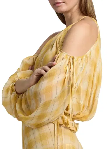 Ronny Kobo Women's Kiera Shadow Plaid Cold-Shoulder Top - Yellow Plaid - Size Medium | Thumbnail 6