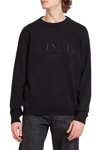 Balmain Men's Vintage Logo Embroidered Cotton Sweater - Noir | Thumbnail 3