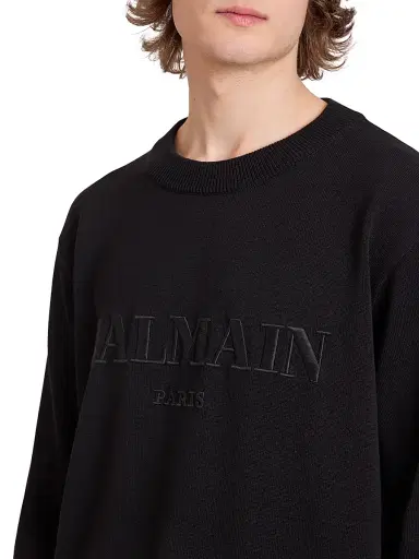 Balmain Men's Vintage Logo Embroidered Cotton Sweater - Noir | Thumbnail 6