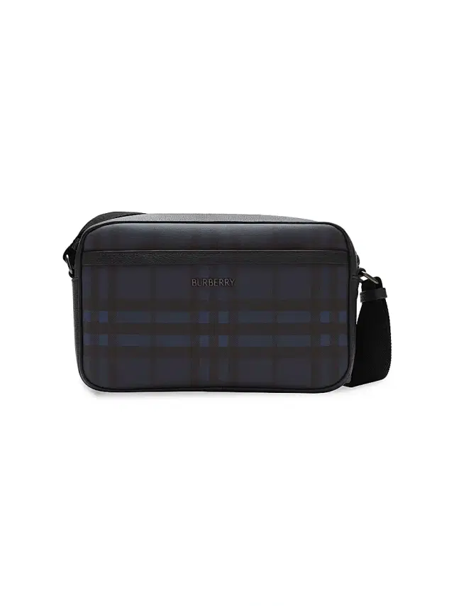 Burberry Men's Check Coated Canvas Flat Crossbody Bag - Navy