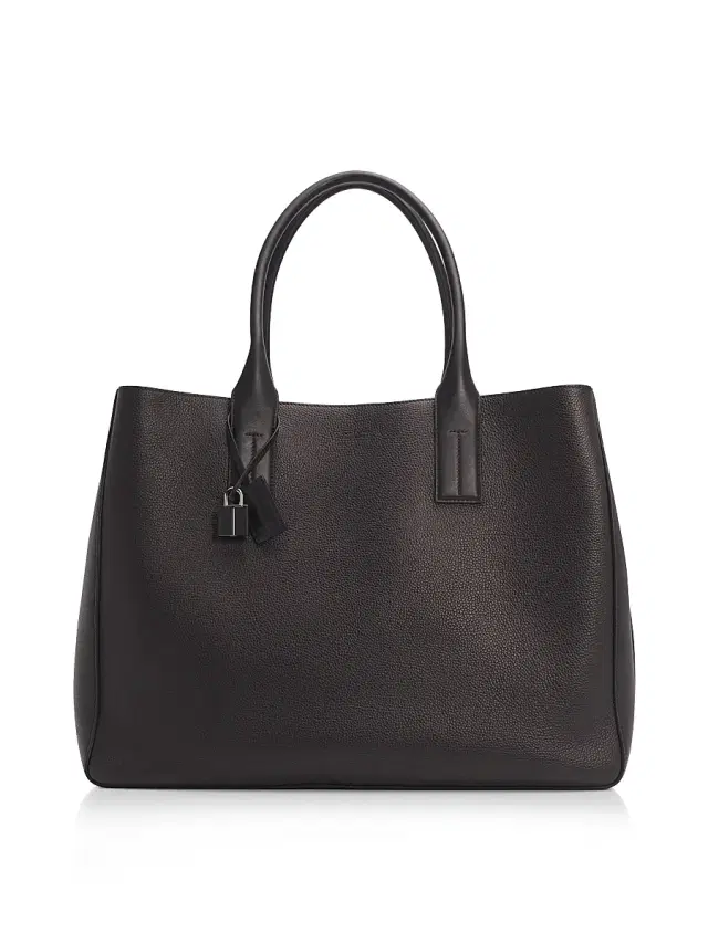 Men's Soft Grain Leather T-Line East-West Tote - Black
