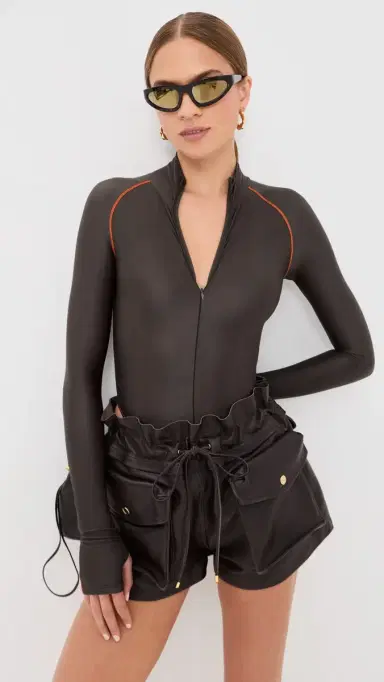 LaQuan Smith ong Sleeve Thong Bodysuit Chocolate/Orange | Thumbnail 2