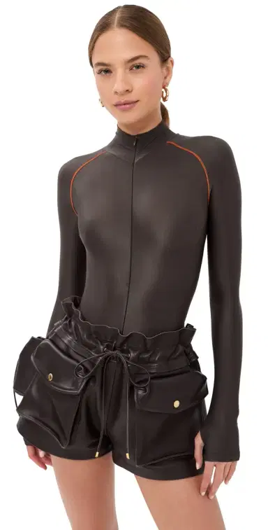 LaQuan Smith ong Sleeve Thong Bodysuit Chocolate/Orange | Thumbnail 1