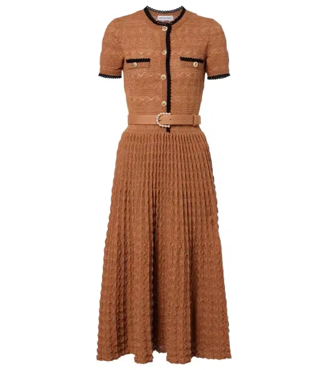 Belted pointelle cotton-blend midi dress