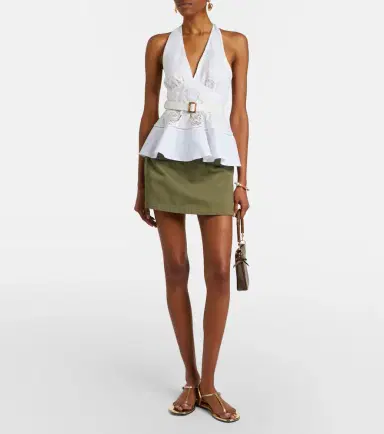 Self-Portrait Broderie anglaise peplum linen and cotton top | Thumbnail 2