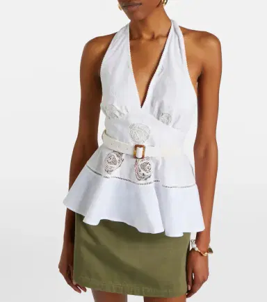Self-Portrait Broderie anglaise peplum linen and cotton top | Thumbnail 3