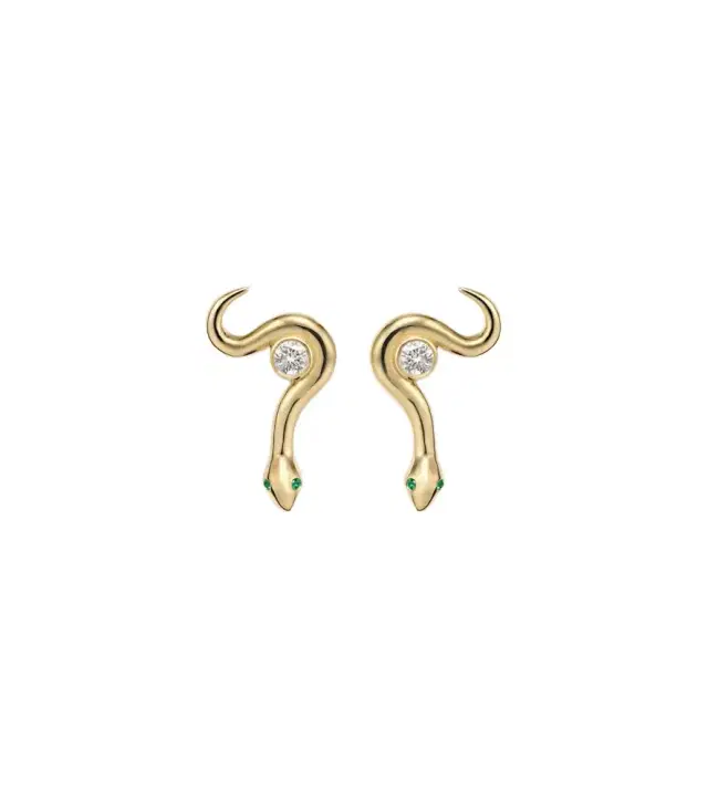 Ileana Makri Serpent Nest 18kt gold earrings with diamonds and emeralds