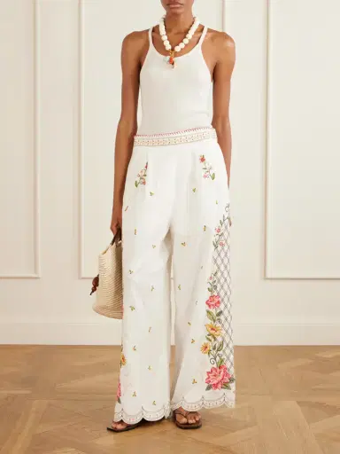 Farm Rio Embroidered Linen-blend Wide-leg Pants | Thumbnail 2 Farm Rio Embroidered Linen-blend Wide-leg Pants | Thumbnail 2