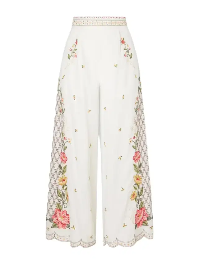 Farm Rio Embroidered Linen-blend Wide-leg Pants