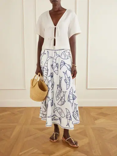 Farm Rio Fresh Fish Embroidered Linen-blend Midi Skirt | Thumbnail 2 Farm Rio Fresh Fish Embroidered Linen-blend Midi Skirt | Thumbnail 2