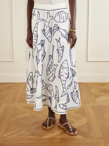Farm Rio Fresh Fish Embroidered Linen-blend Midi Skirt | Thumbnail 3 Farm Rio Fresh Fish Embroidered Linen-blend Midi Skirt | Thumbnail 3